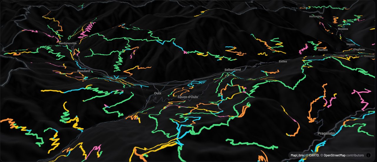 Strade sterrate dell’Alta Val di Susa in 3D, colorate per livello di difficoltà