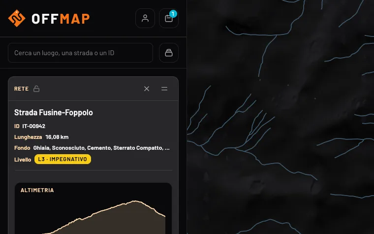 La card di una rete nell’app: livello, lunghezza, fondo, altimetria e il pulsante per scaricare la traccia